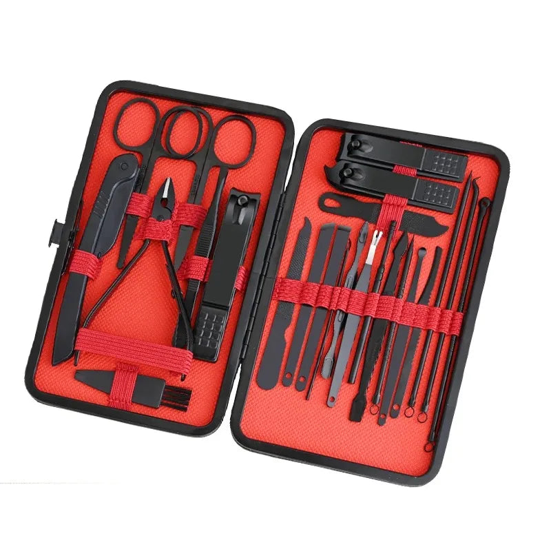 24pcs/18pcs/15pcs/10pcs/8pcs Black Stainless Steel Manicure Tools Set Including Nail Clippers And Cutters