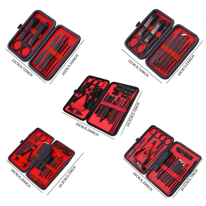 24pcs/18pcs/15pcs/10pcs/8pcs Black Stainless Steel Manicure Tools Set Including Nail Clippers And Cutters