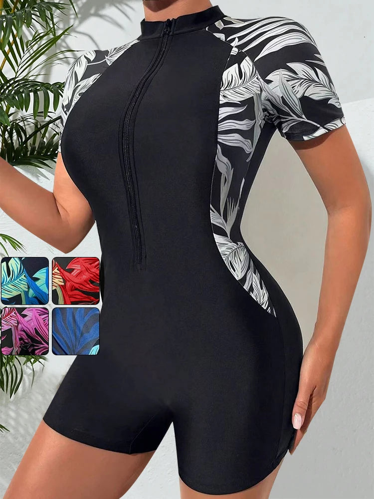 One Piece Floral Swimwear Swim Suit Women Short Sleeve Swimsuit Zip Front Tropical Plant Surfing Sun Protection(No built-in bra