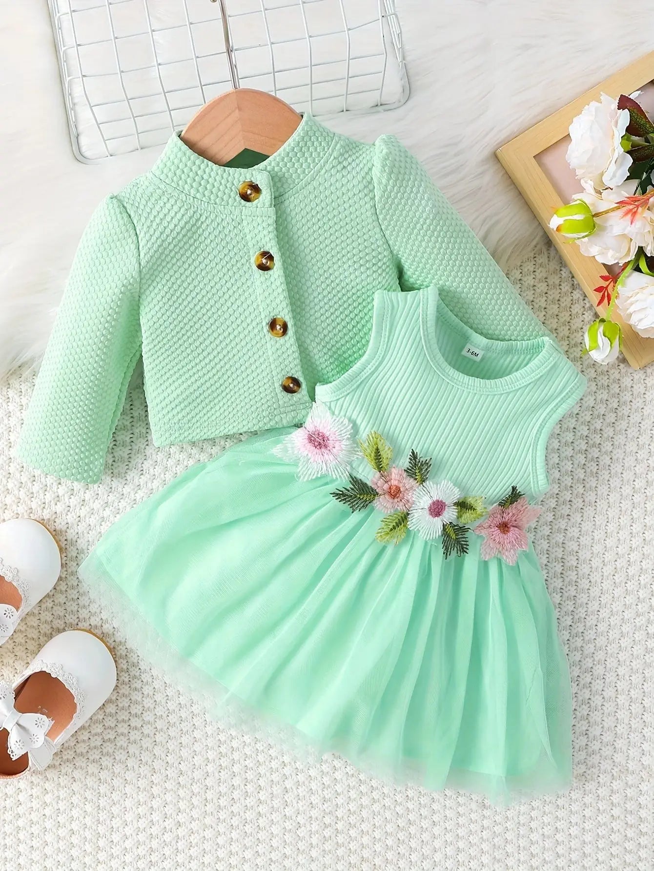 1-2 year old infant and female baby spring and autumn style waist flower design vest spliced mesh dress+long sleeved jacket