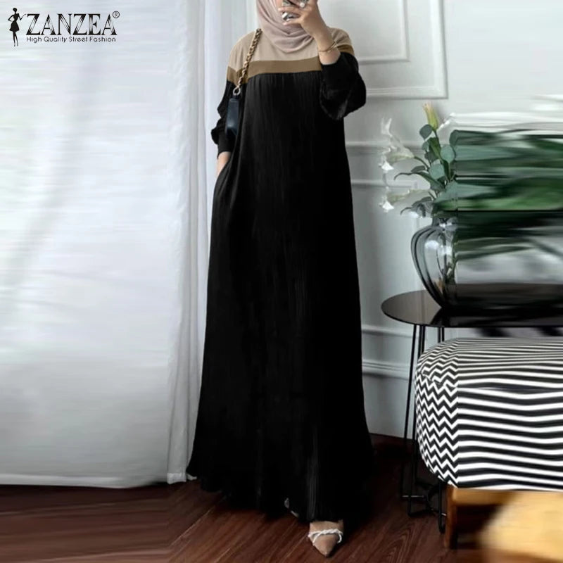Fashion Autumn Long Sleeve Pleated Sundress 2024 ZANZEA Muslim Abaya Robe Femmme Women Patchwork Maxi Dresses Casual Vestidos