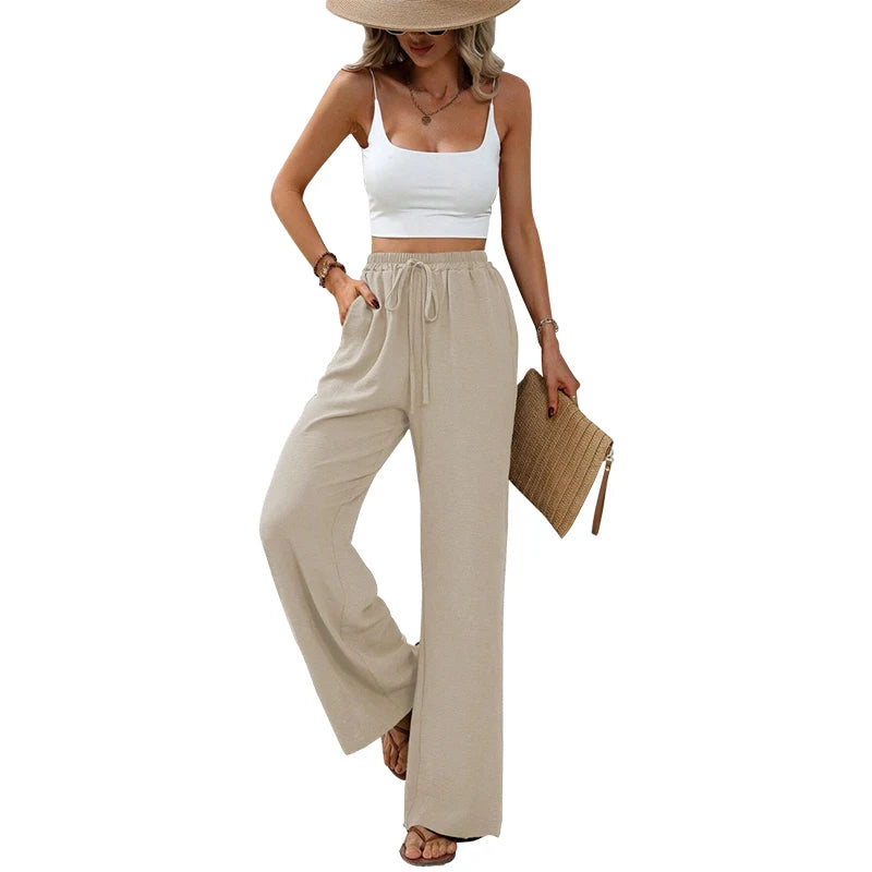 Women's Plain Pocket Tie Front Elastic Waist Straight Leg Pants, Casual High Waist Wide Leg Trousers for Daily Wear, Baggy Pants