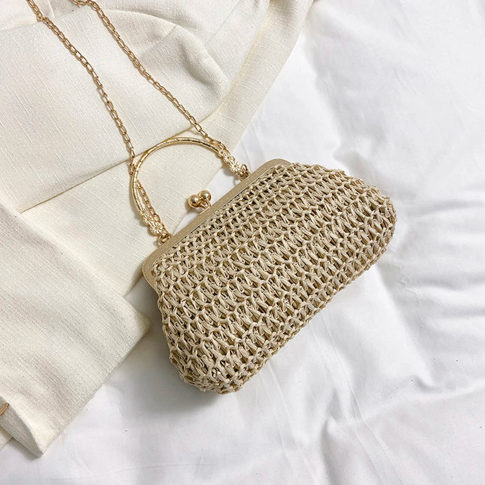 Summer Beach Straw Bags Exquisite Gold Chain Party Banquet Purse Hand Woven Handbag Female Clutch Bag Shoulder Crossbody Bags