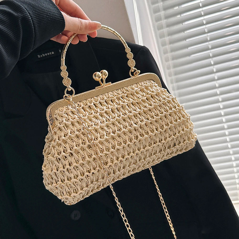 Summer Beach Straw Bags Exquisite Gold Chain Party Banquet Purse Hand Woven Handbag Female Clutch Bag Shoulder Crossbody Bags