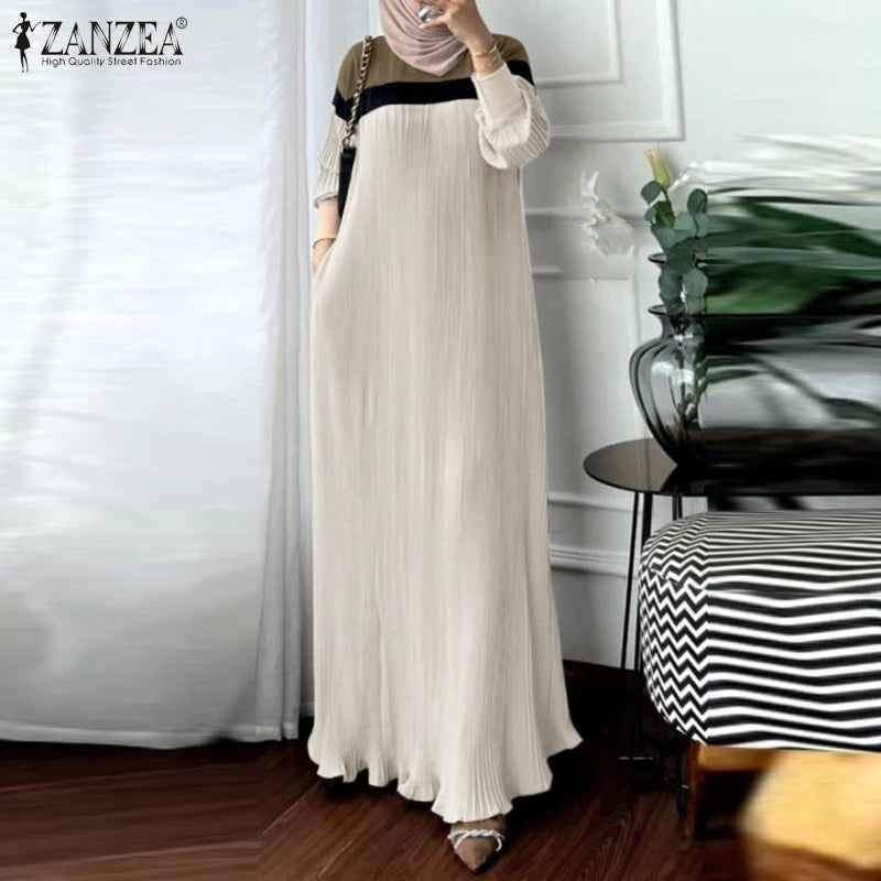 Fashion Autumn Long Sleeve Pleated Sundress 2024 ZANZEA Muslim Abaya Robe Femmme Women Patchwork Maxi Dresses Casual Vestidos