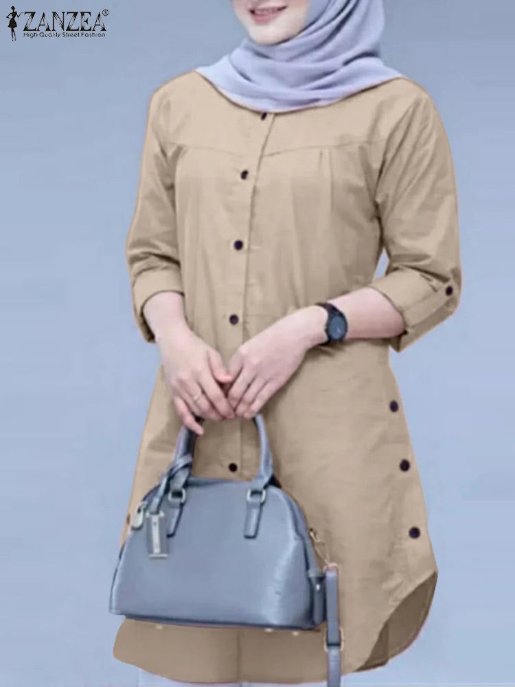 Fashion Abaya Muslim Blouse Woman Casual Holiday Baggy Shirt Long Sleeve O-Neck Tops Elegant Solid Islamic Clothing 2024