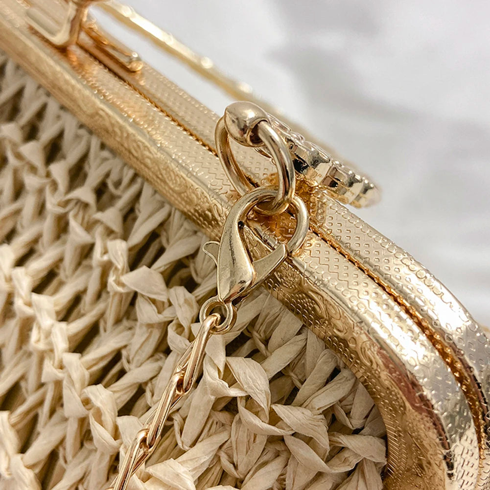 Summer Beach Straw Bags Exquisite Gold Chain Party Banquet Purse Hand Woven Handbag Female Clutch Bag Shoulder Crossbody Bags
