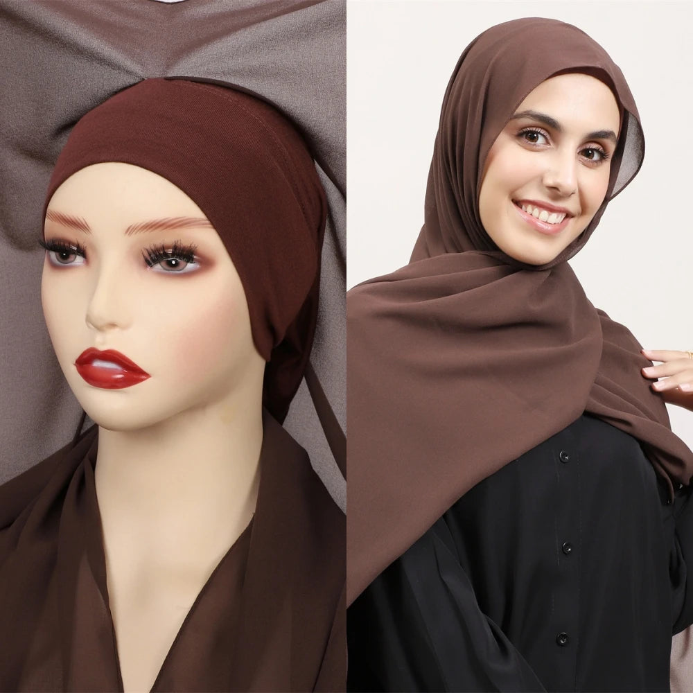 2024 New Hot Sale Premium Instant Chiffon Hijab Wrap With Bulit-in Magnets Solid Color Muslim Women Scarf Shawl with Undercap