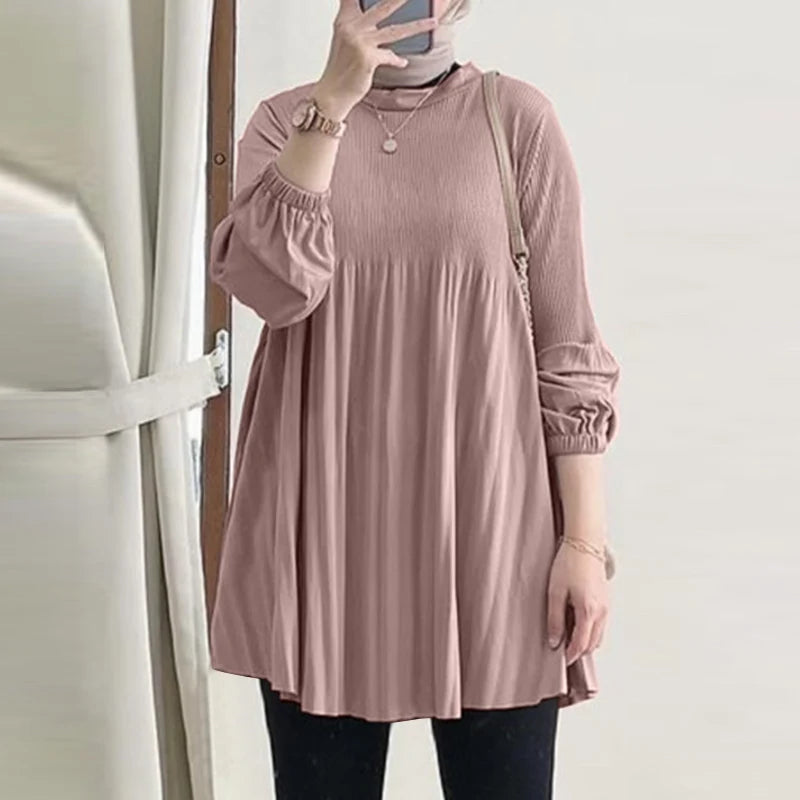 Muslim Islamic Pleated Long Blouses Women Autumn Long Sleeve O Neck Casual Blusas Mujer Fashion Solid Color Tunic Tops