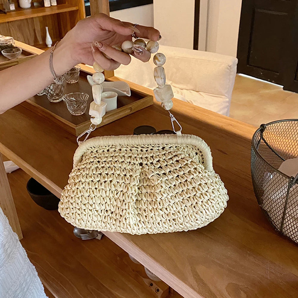 Summer Beach Straw Bags Exquisite Gold Chain Party Banquet Purse Hand Woven Handbag Female Clutch Bag Shoulder Crossbody Bags