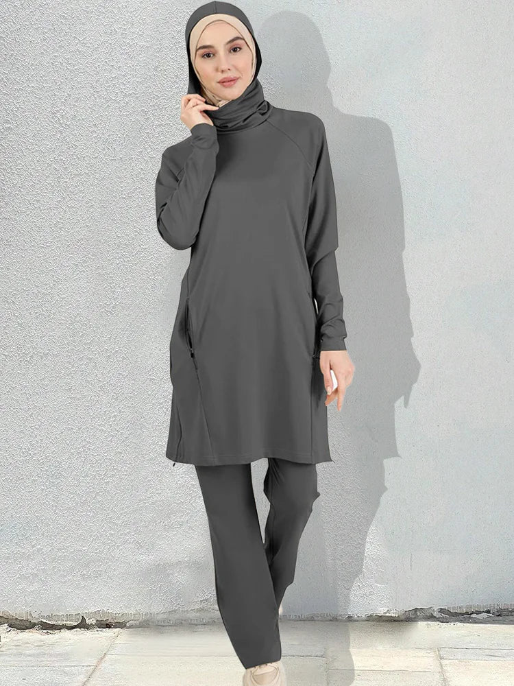 Sporty Muslim Sportswear Women Hoodie Hijab Set Plain Islamic Clothing Sportswear Pants Tops (contain Hijab)
