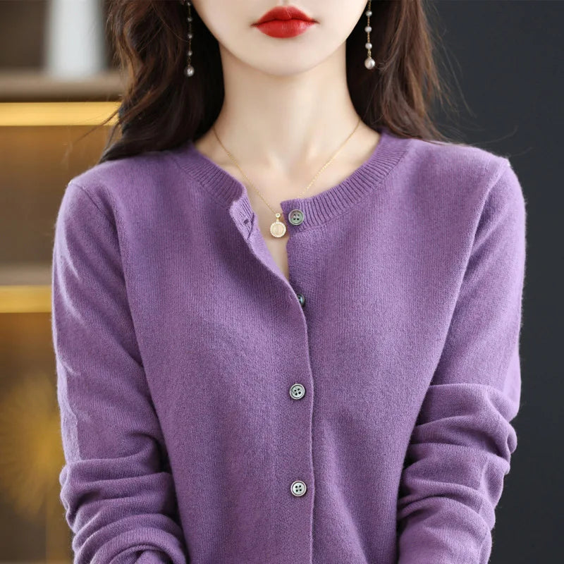 Women's Sweater 2024 New Knitted Cardigan Early Spring Crewneck Sweater Women's Long-sleeved Solid Color All-match Jacket