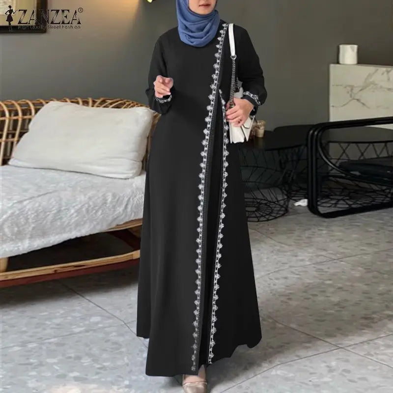 Spring Lace Crochet Maxi Dress Muslim Turkey Abaya Elegant Loose Vestidos Women Long Sleeve O Neck IsIamic Robe Kaftan