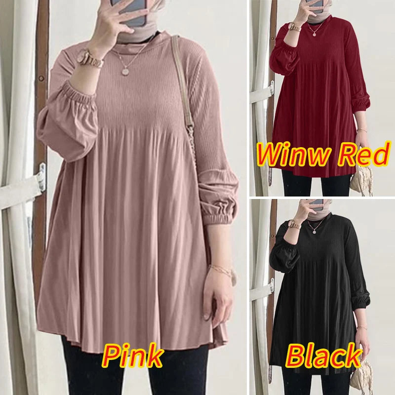 Muslim Islamic Pleated Long Blouses Women Autumn Long Sleeve O Neck Casual Blusas Mujer Fashion Solid Color Tunic Tops