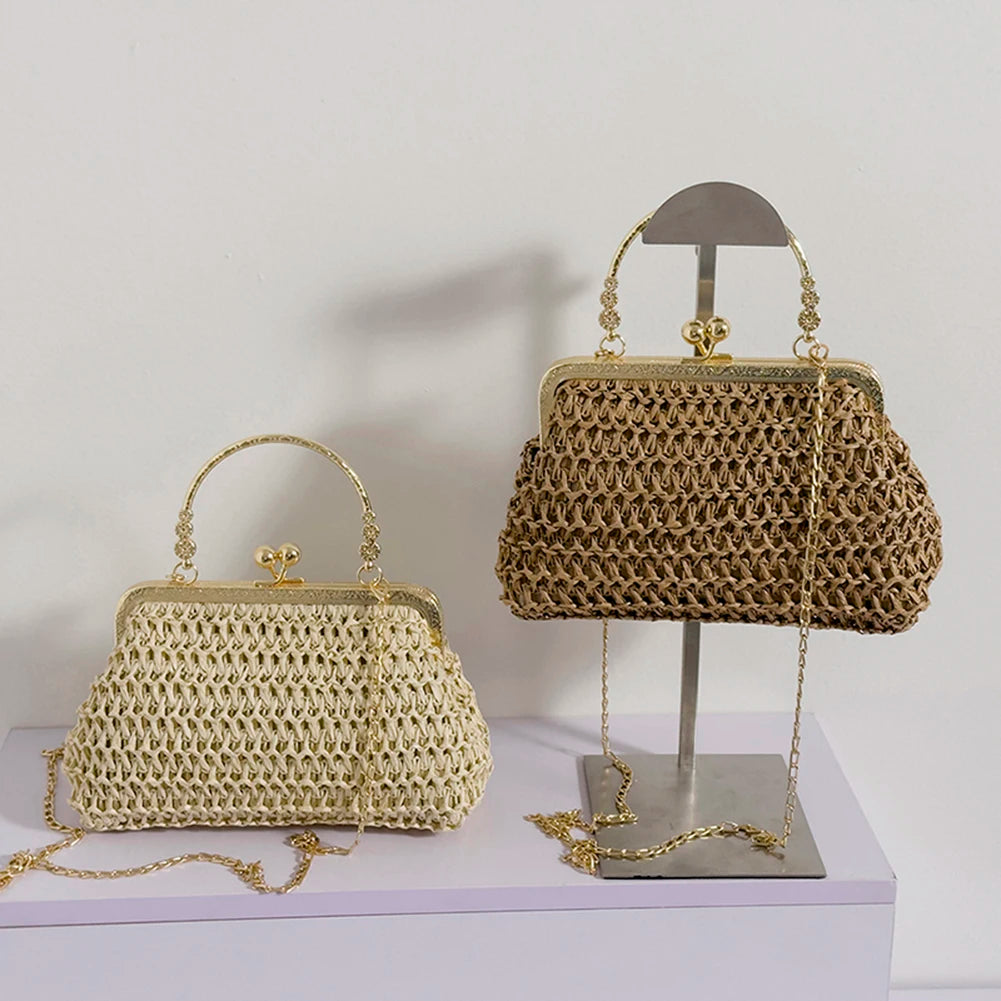 Summer Beach Straw Bags Exquisite Gold Chain Party Banquet Purse Hand Woven Handbag Female Clutch Bag Shoulder Crossbody Bags