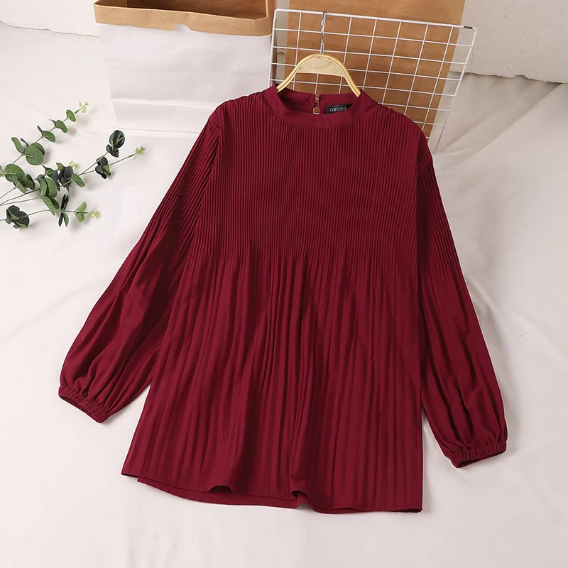 Muslim Islamic Pleated Long Blouses Women Autumn Long Sleeve O Neck Casual Blusas Mujer Fashion Solid Color Tunic Tops