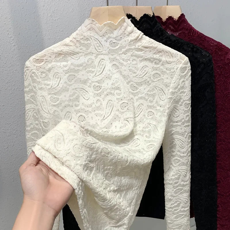 Stand Collar Lace Long Sleeved T-shirt Base Shirt for Women's Autumn and Winter Style French Romantic Mesh Top Elastic Plus Size