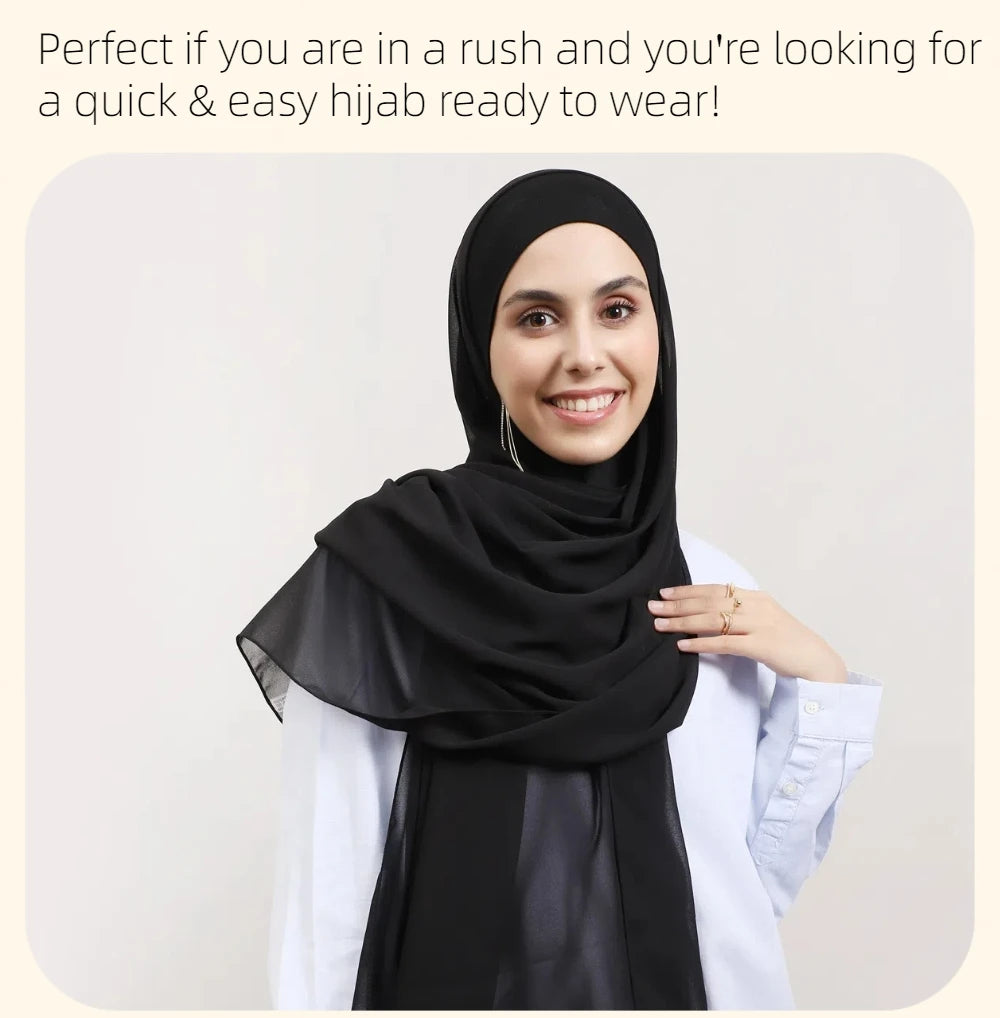 2024 New Hot Sale Premium Instant Chiffon Hijab Wrap With Bulit-in Magnets Solid Color Muslim Women Scarf Shawl with Undercap
