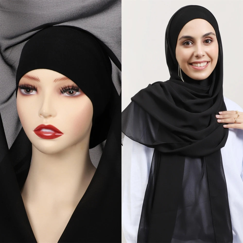 2024 New Hot Sale Premium Instant Chiffon Hijab Wrap With Bulit-in Magnets Solid Color Muslim Women Scarf Shawl with Undercap