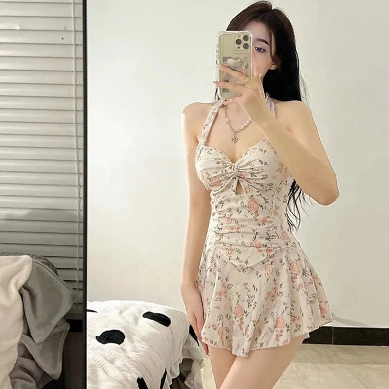 Women Hanging Neck Sweet Cute Swimwear Sexy One-piece Beach Wear Swim Suit Beach Dress Swimsuit High Waist Bathing Suit For Girls