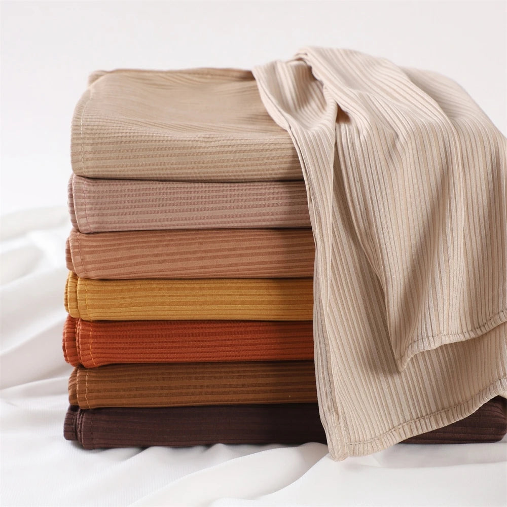 Fashion Elastic Ribbed Jersey Hijabs Solid Color Stripes Lightweight Thin Headscarf Muslim Women Soft Scarf Headwrap Long Shawl