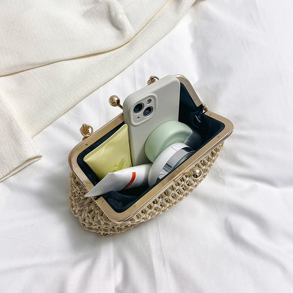 Summer Beach Straw Bags Exquisite Gold Chain Party Banquet Purse Hand Woven Handbag Female Clutch Bag Shoulder Crossbody Bags