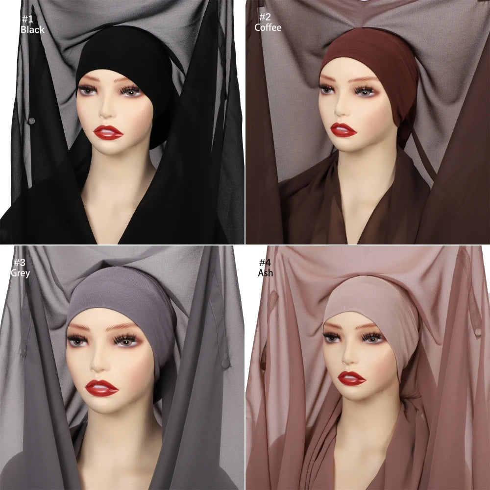 2024 New Hot Sale Premium Instant Chiffon Hijab Wrap With Bulit-in Magnets Solid Color Muslim Women Scarf Shawl with Undercap