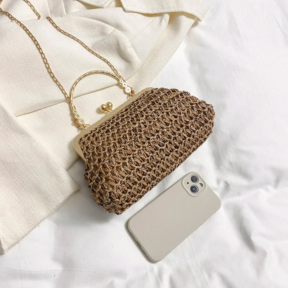 Summer Beach Straw Bags Exquisite Gold Chain Party Banquet Purse Hand Woven Handbag Female Clutch Bag Shoulder Crossbody Bags