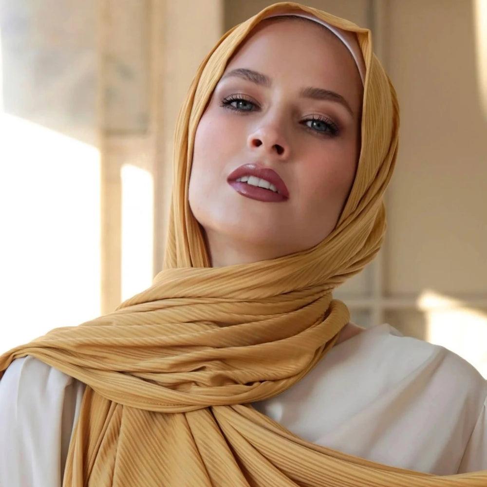 Fashion Elastic Ribbed Jersey Hijabs Solid Color Stripes Lightweight Thin Headscarf Muslim Women Soft Scarf Headwrap Long Shawl