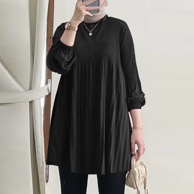 Muslim Islamic Pleated Long Blouses Women Autumn Long Sleeve O Neck Casual Blusas Mujer Fashion Solid Color Tunic Tops