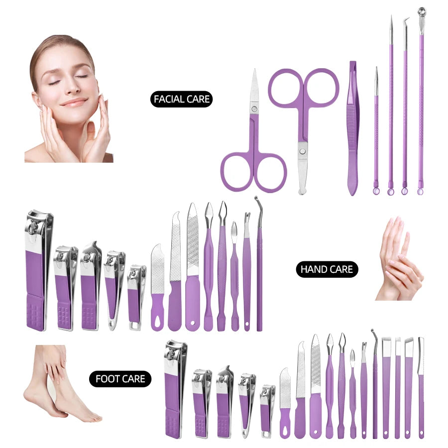 9/18/24/30 PCS Stainless Steel Manicure Set in Dazzling Purple & Blue - Modern Style Nail Clippers with Convex Blade, Non-Scente