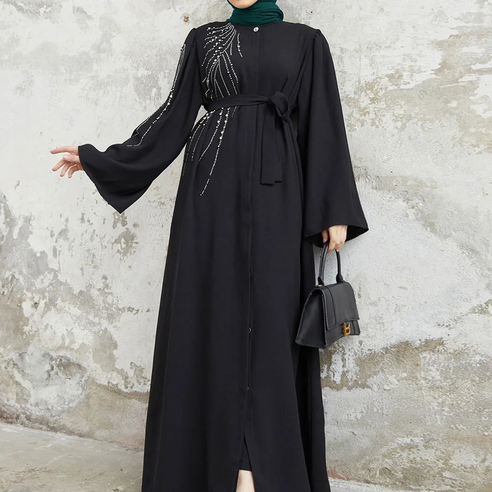 Luxury Black Long Sleeves Muslim Abayas Hot Diamonds Design Islamic Dresses Ladies Casual Clothing Gifts Party Wholesale RIMAIRE