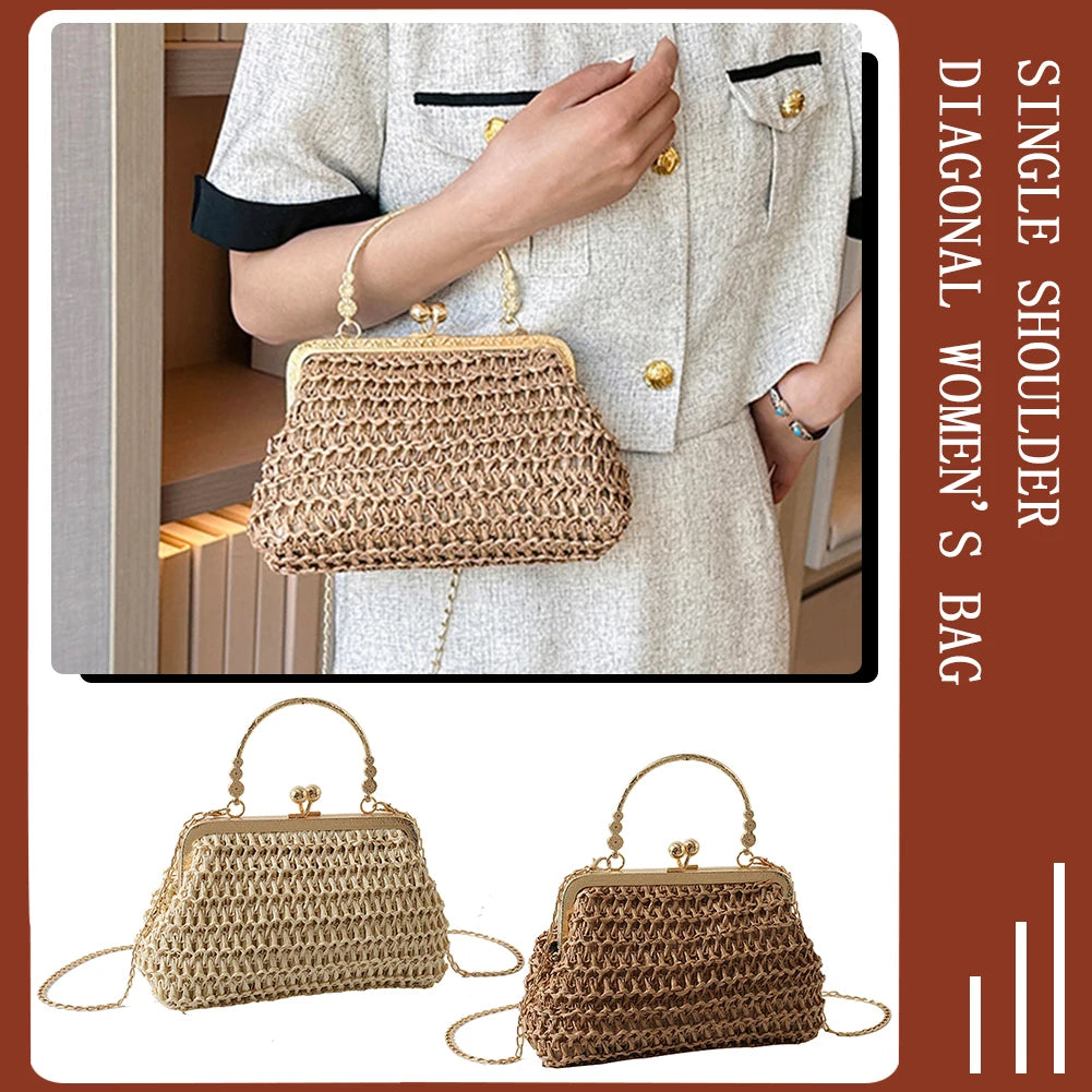 Summer Beach Straw Bags Exquisite Gold Chain Party Banquet Purse Hand Woven Handbag Female Clutch Bag Shoulder Crossbody Bags