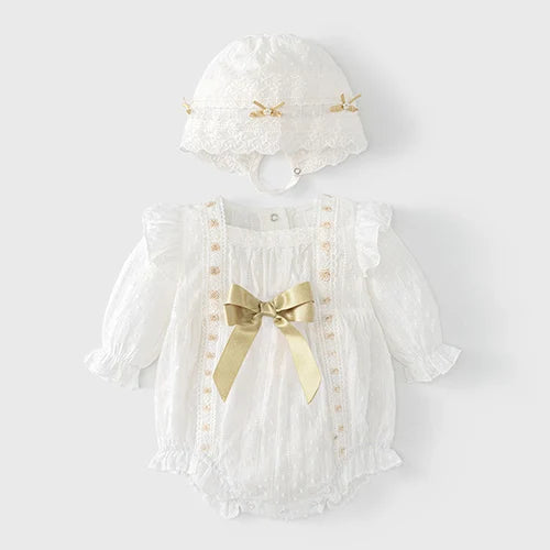 Baby Girl Clothing Autumn Spring Lovely Princess Style Lace Panel Toddler Baby Girl Romper+Hat Infant Baby Girls Jumpsuit