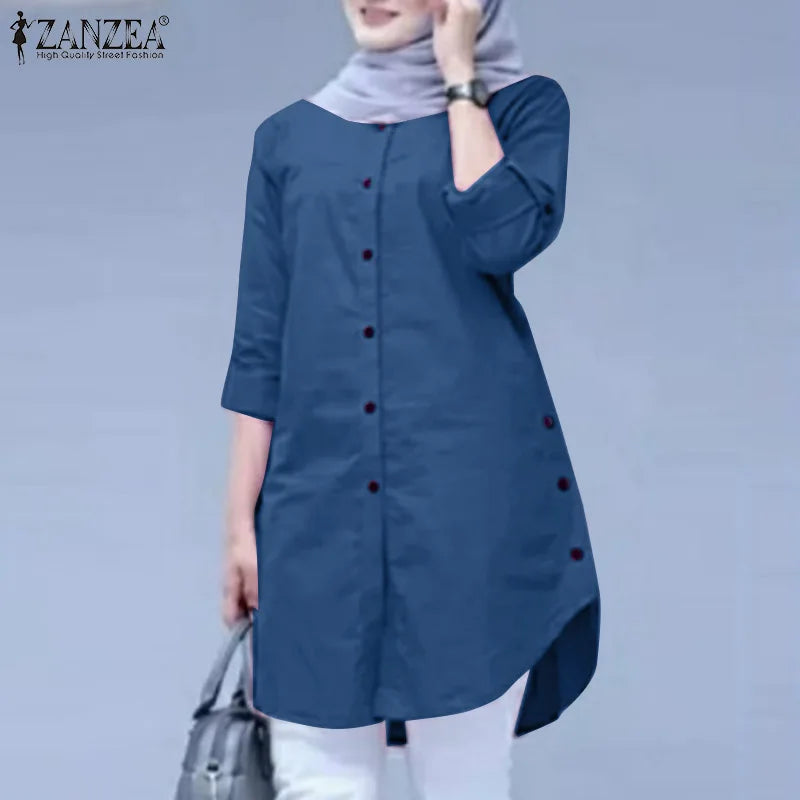 Fashion Abaya Muslim Blouse Woman Casual Holiday Baggy Shirt Long Sleeve O-Neck Tops Elegant Solid Islamic Clothing 2024