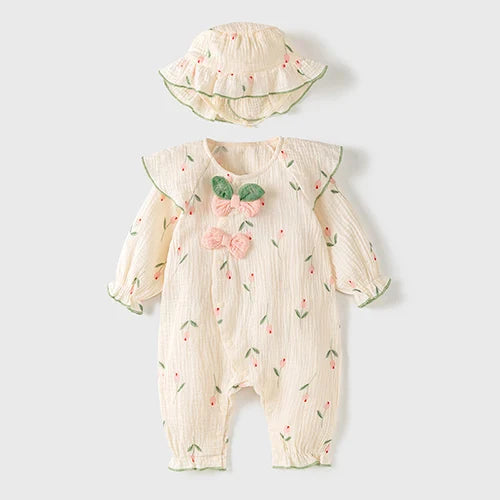 Baby Girl Clothing Autumn Spring Lovely Princess Style Lace Panel Toddler Baby Girl Romper+Hat Infant Baby Girls Jumpsuit