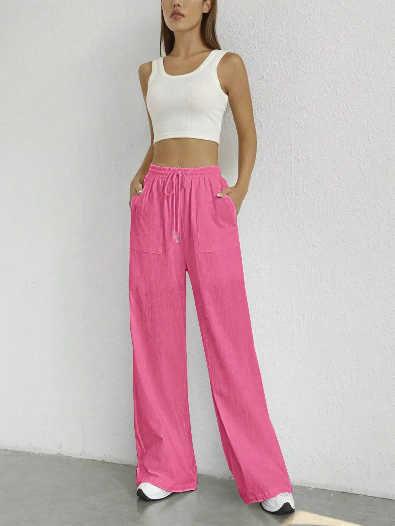 Solid Drawstring Wide Leg Pants, Casual Elastic Waist Slant Pocket Pants For Spring & Summer, Women's Clothing