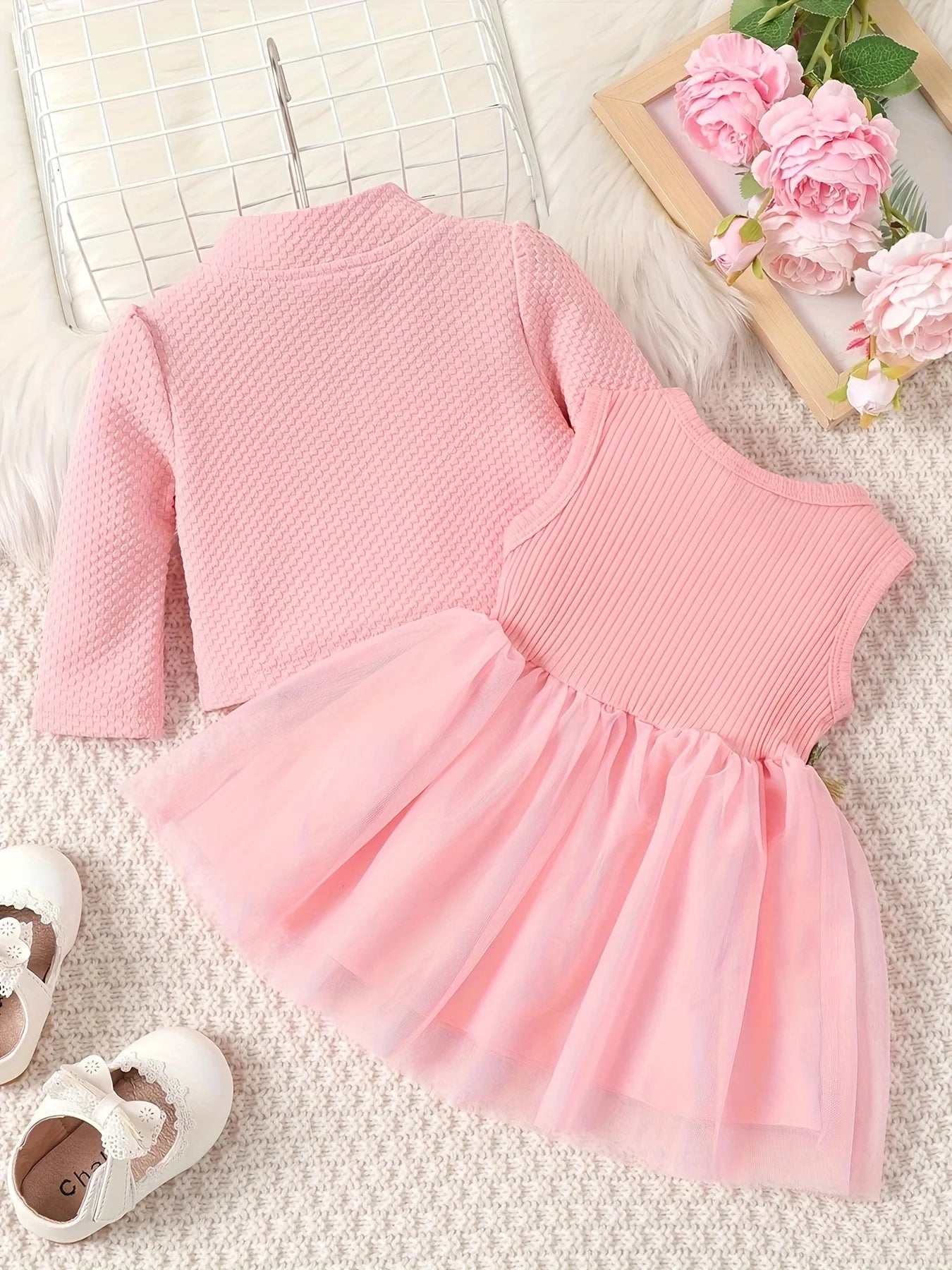 1-2 year old infant and female baby spring and autumn style waist flower design vest spliced mesh dress+long sleeved jacket