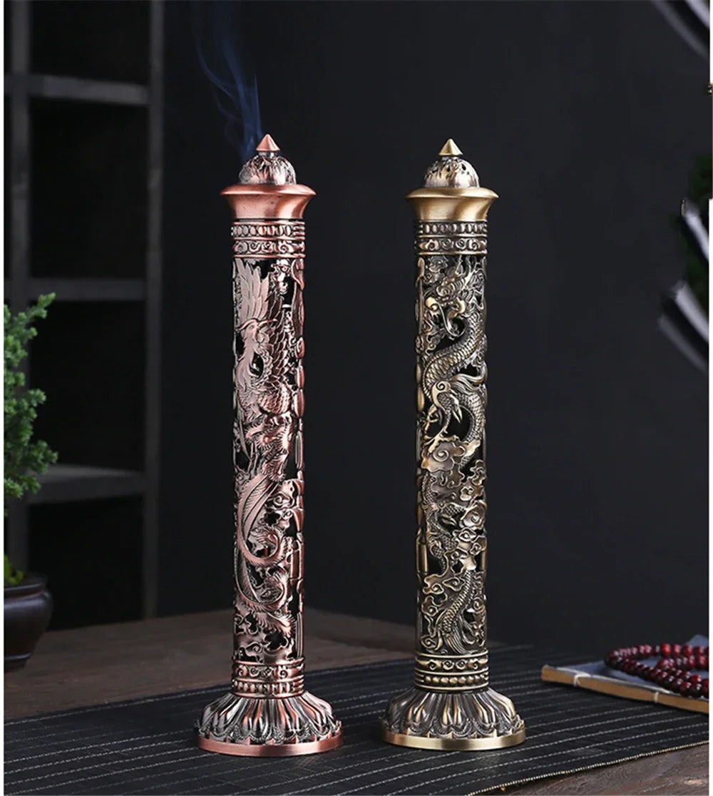Retro Vertical Incense Burner Buddha Heart Sutra Dragon Phoenix Pillar Metal Incense Stick Home Office Ceremony Decoration