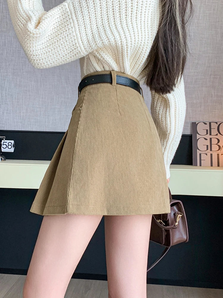 2024 Autumn and Winter Mini Pleated Skirt Women Fashion Streetwear A-line Skater Kawaii Skirts With Belt Korean School Girl Saia