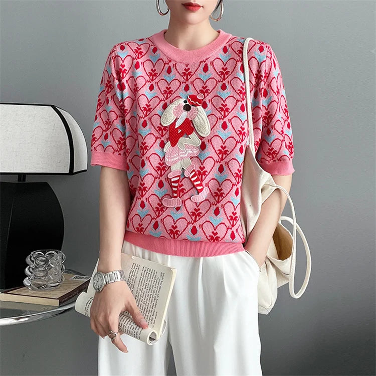New Summer Women Knitted Sweater European Style Cartoon Pattern Fashion Jacquard Round Neck Short Sleeve Casual Jumpers Knitwear