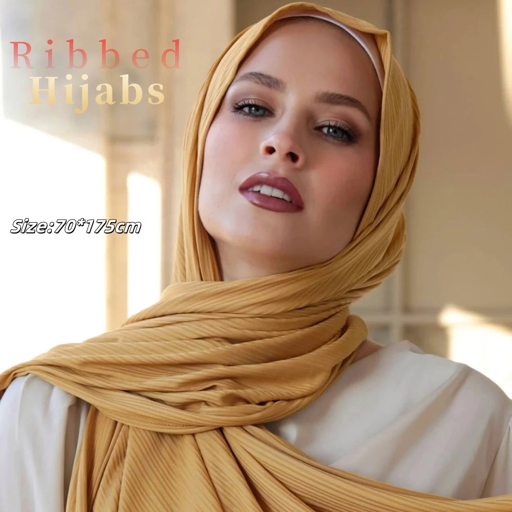 Fashion Elastic Ribbed Jersey Hijabs Solid Color Stripes Lightweight Thin Headscarf Muslim Women Soft Scarf Headwrap Long Shawl