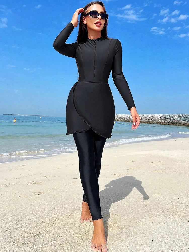 New Muslim Swimwear Women Modest Patchwork Hijab Long Sleeves Sport Swimsuit 3pcs Islamic Burkinis Wear Bathing Suit