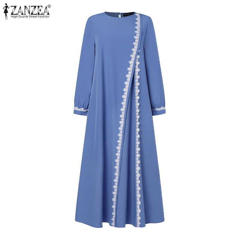 Spring Lace Crochet Maxi Dress Muslim Turkey Abaya Elegant Loose Vestidos Women Long Sleeve O Neck IsIamic Robe Kaftan