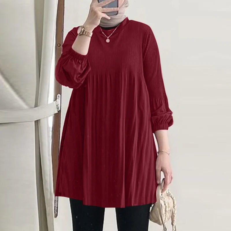 Muslim Islamic Pleated Long Blouses Women Autumn Long Sleeve O Neck Casual Blusas Mujer Fashion Solid Color Tunic Tops