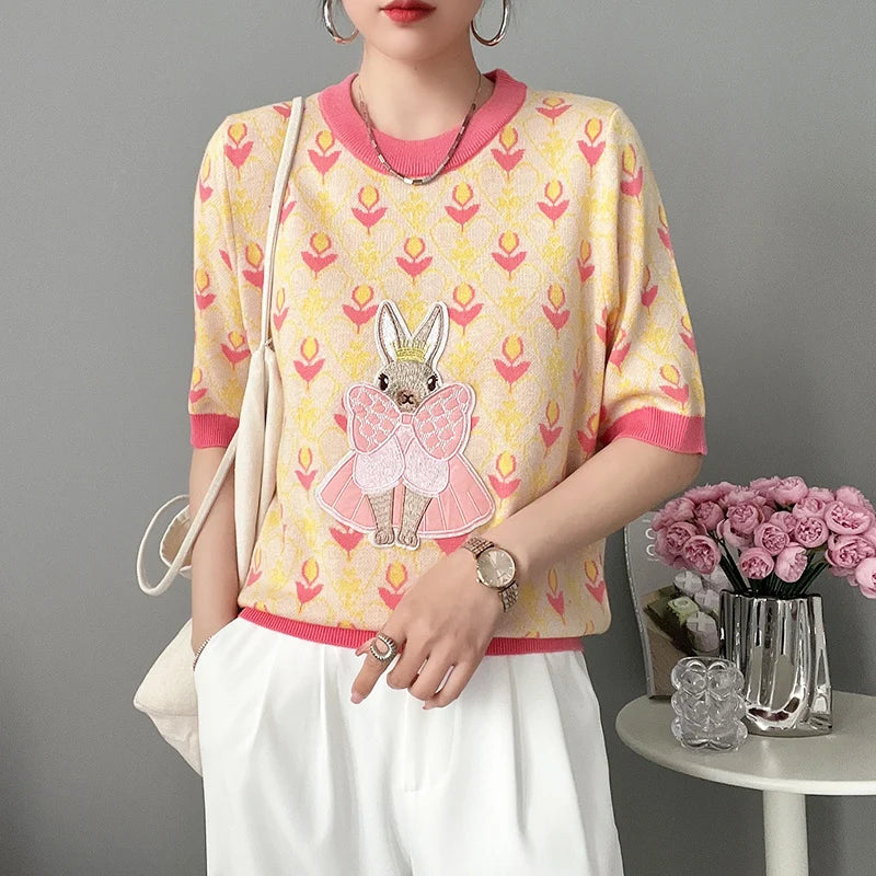 New Summer Women Knitted Sweater European Style Cartoon Pattern Fashion Jacquard Round Neck Short Sleeve Casual Jumpers Knitwear