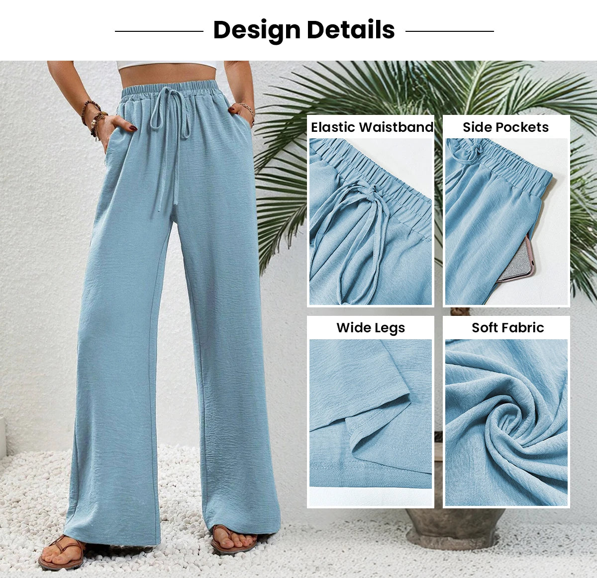 Women's Plain Pocket Tie Front Elastic Waist Straight Leg Pants, Casual High Waist Wide Leg Trousers for Daily Wear, Baggy Pants