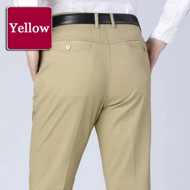Men's Summer Thin Pants Classic Casual 100% Cotton Business Fashion Stretch Solid Comfortable Elastic Straigh Trousers KOACUS