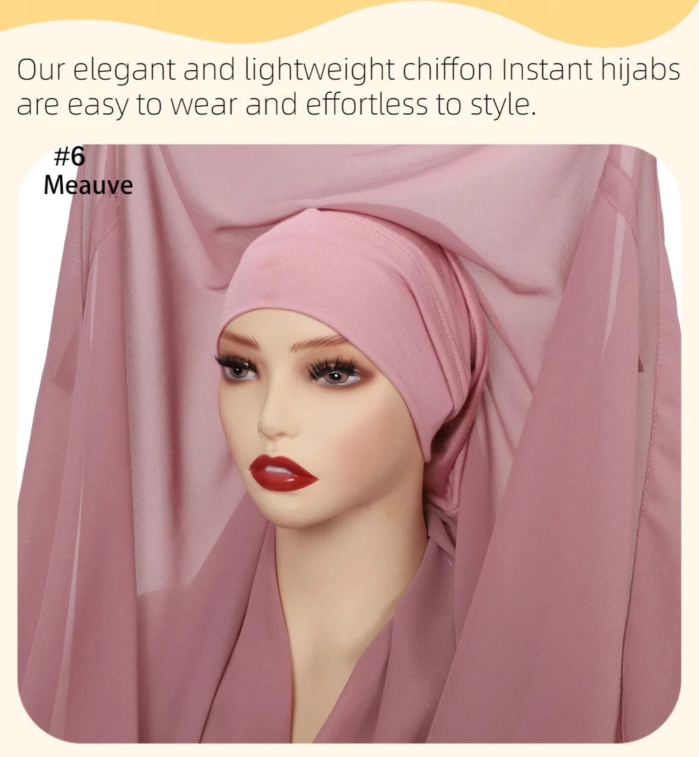 2024 New Hot Sale Premium Instant Chiffon Hijab Wrap With Bulit-in Magnets Solid Color Muslim Women Scarf Shawl with Undercap