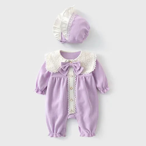 Baby Girl Clothing Autumn Spring Lovely Princess Style Lace Panel Toddler Baby Girl Romper+Hat Infant Baby Girls Jumpsuit
